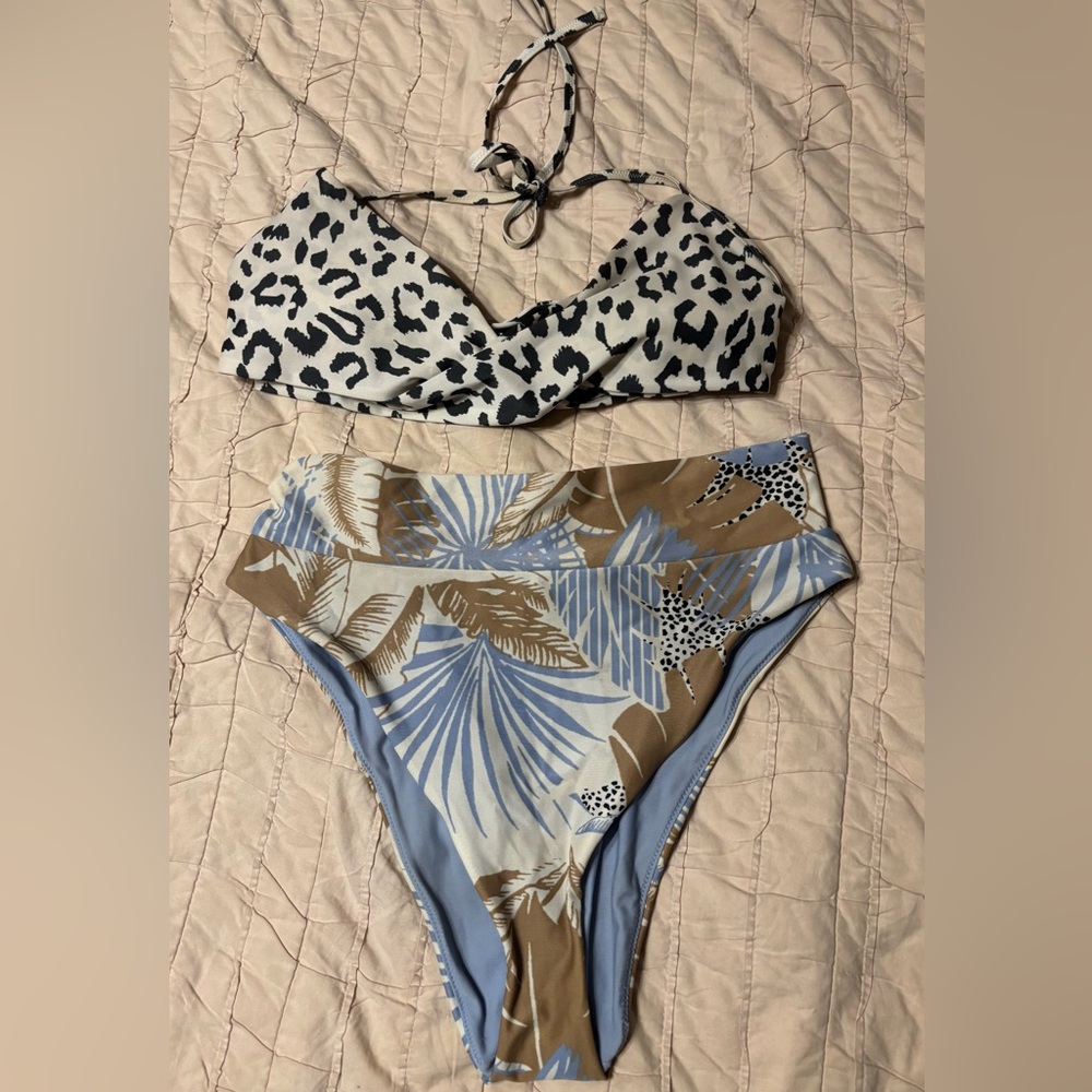 Aerie Neutral Leopard Print Bikini Top and Tropical Print Bottom